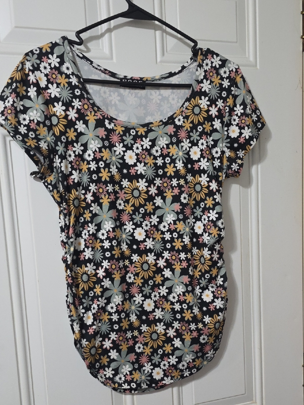 Poof! NY Black Floral Scoop Neck Short Sleeve Top with Mustard & Pink Accents